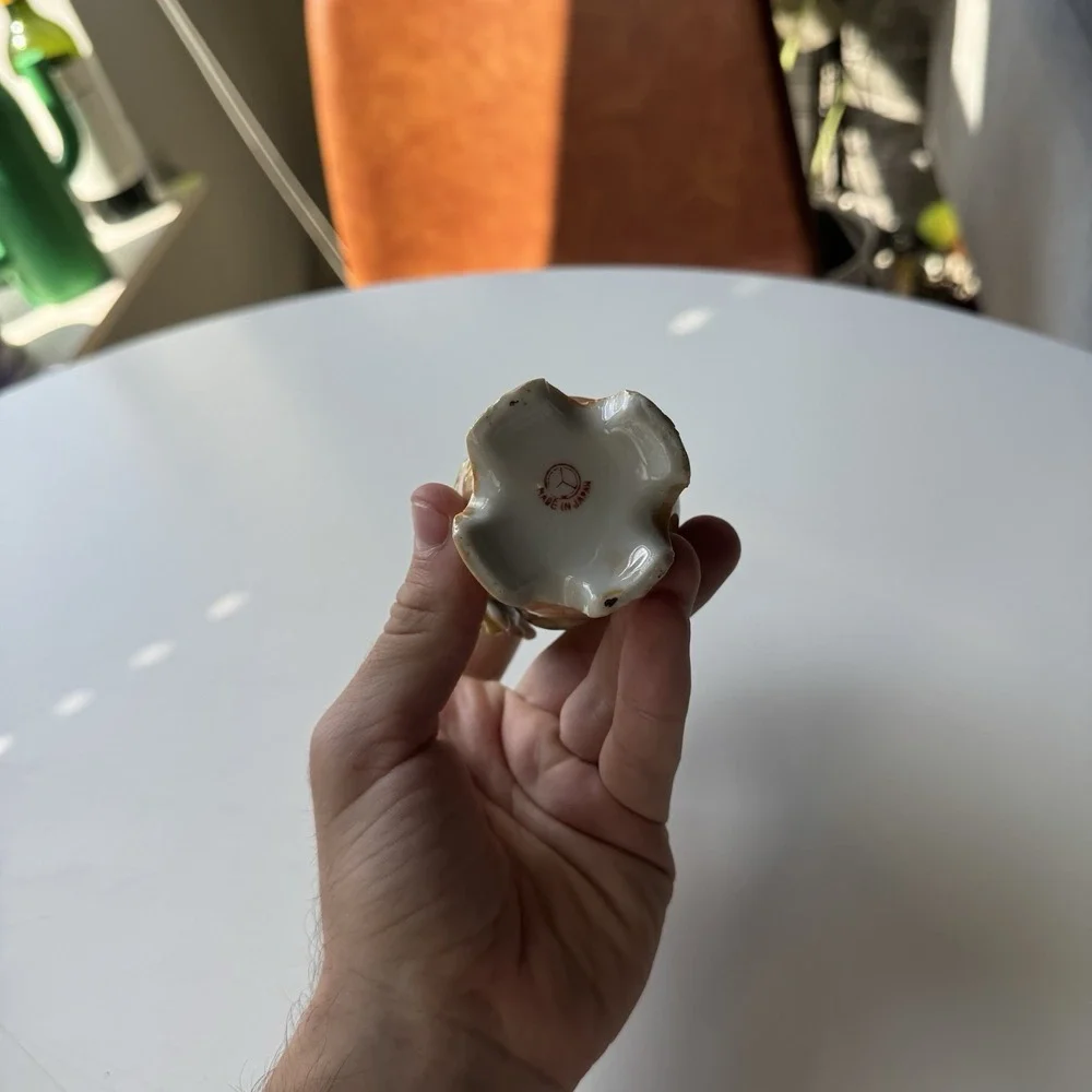 VTG Japan 2 Handle Porcelain Bud Vase with Flower Detail 4 1/4